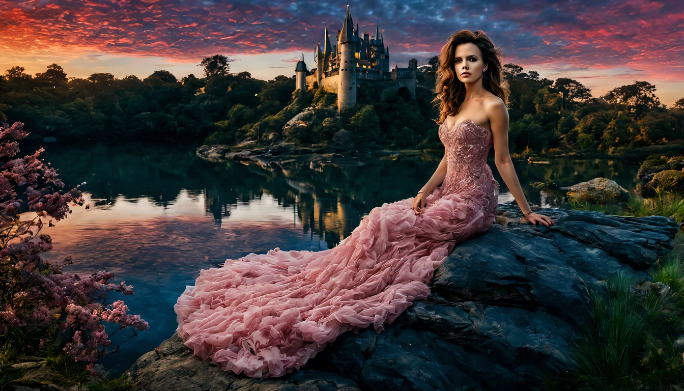 beautiful young lady (Kete Beckinsale), (22 anos), vestido longo Lago Pink Madder, de corpo inteiro, em um mundo de fantazia castelo nas nuves, em um por do sol com unicornil