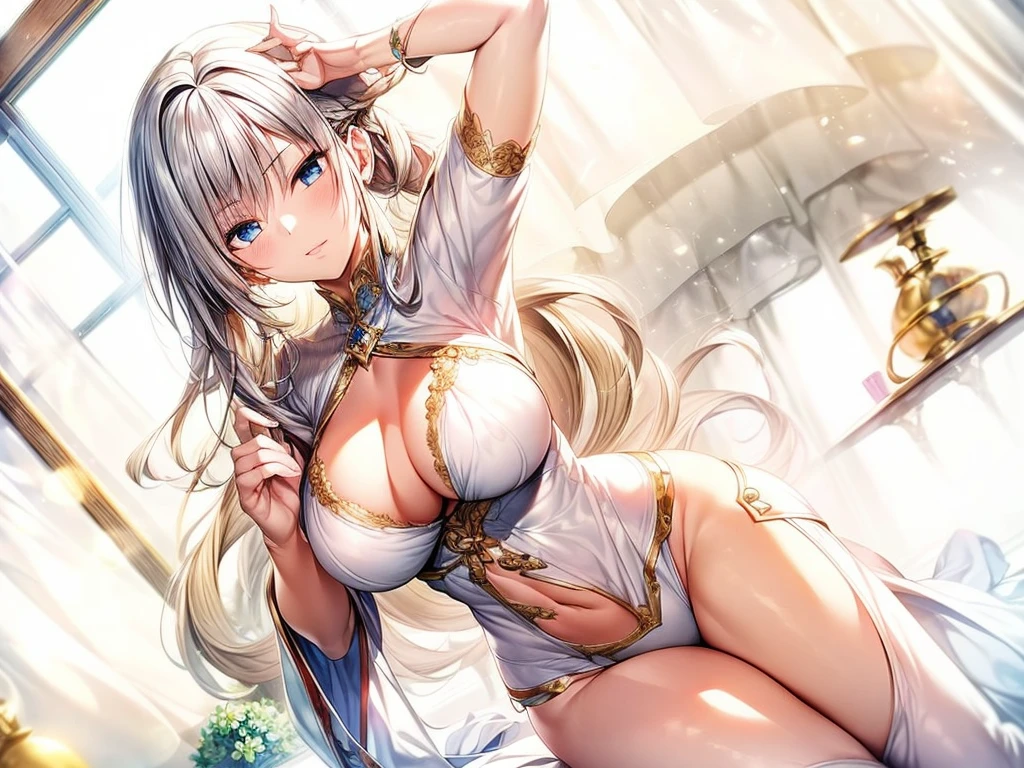 （Enrich the picture，Masterpiece level quality）,Beautiful 8K CG artwork,1girl,solo,morgan le fay (fate),detailed face, perfect face, perfect eyes,blue eyes,Long Hair, pony tail,Very long hair, big boob, black bow,Hair Bow, thighs,side locks, French braid, grey hair,Slim and soft,big breasts,