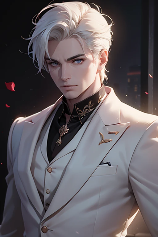 there is a man with white hair and a white suit holding a rose, by Yang J, ig model | artgerm, extremely detailed white haired deity, beautiful androgynous prince, neoartcore and charlie bowater, epic exquisite male character art, approaching perfection, shot with Sony A7 IV for HD image quality, 办公室