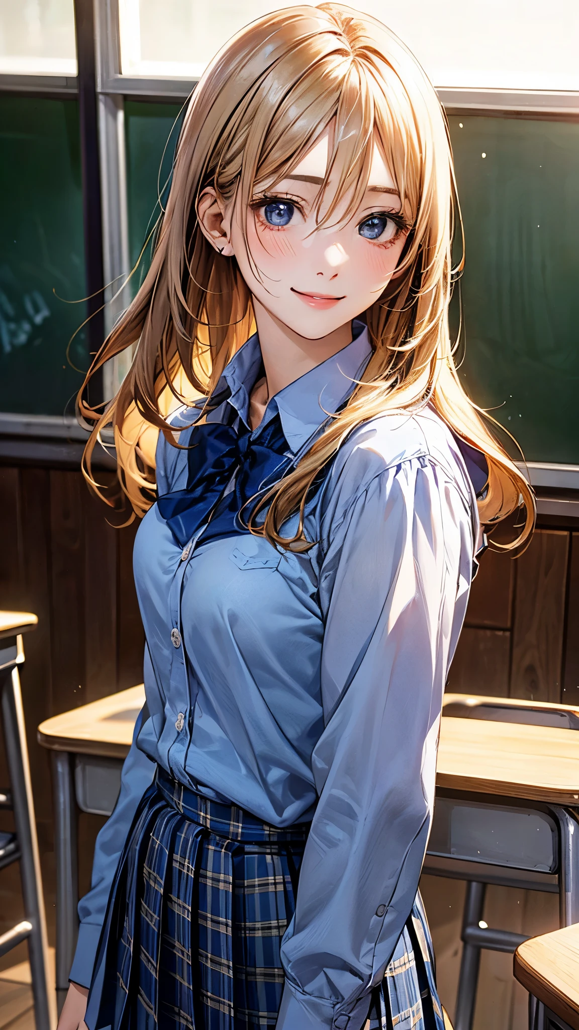 (masterpiece:1.2, top-quality), (realistic, photorealistic:1.4), beautiful illustration, (natural side lighting, movie lighting), 
looking at viewer, upper body, front view, 1 girl, japanese, 16 years old, perfect face, cute and symmetrical face, shiny skin, babyface, 
(long hair, straight hair:1.2, blond hair), hair between eyes, blue eyes, (middle breasts, seductive thighs, big ass), 
beautiful hair, beautiful face, beautiful detailed eyes, beautiful clavicle, beautiful body, beautiful chest, beautiful thigh, beautiful legs, beautiful fingers, 
((long sleeve light blue collared shirts, navy pleated skirt)), blue plaid bow tie, 
(beautiful scenery), evening, classroom, blackboard, standing, (lovely smile, upper eyes), 