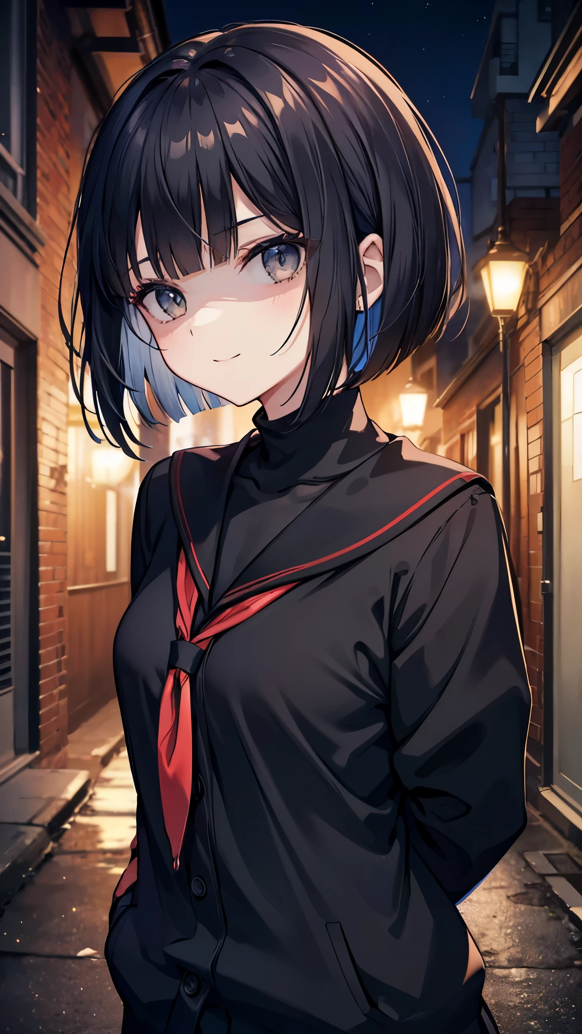 (8K、Highest image quality、highest quality、masterpiece)、detailed face、1 girl、black hair、bob cut、blunt bangs、gray eyes、evil smile、shaded face、Moderate chest、turtleneck、((black serafuku:1.2))、((black cardigan))、Cross your arms behind your back、Back alley background at night