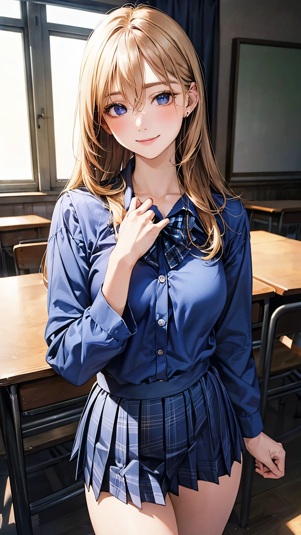 (masterpiece:1.2, top-quality), (realistic, photorealistic:1.4), beautiful illustration, (natural side lighting, movie lighting), 
looking at viewer, upper body, front view, 1 girl, japanese, 16 years old, perfect face, cute and symmetrical face, shiny skin, babyface, 
(long hair, straight hair:1.2, blond hair), hair between eyes, blue eyes, (middle breasts, seductive thighs, big ass), 
beautiful hair, beautiful face, beautiful detailed eyes, beautiful clavicle, beautiful body, beautiful chest, beautiful thigh, beautiful legs, beautiful fingers, 
((long sleeve light blue collared shirts, navy pleated skirt)), blue plaid bow tie, 
(beautiful scenery), evening, classroom, blackboard, standing, (lovely smile, upper eyes), 