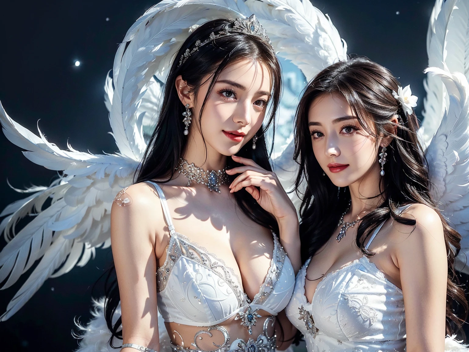 ((((8k, RAW photos, best quality, masterpiece)))), (realistic, photograph realistic), (masterpiece, best quality, High detail, Best image quality, super detailed, high resolution, Very detailed, Best quality, Extreme detail description, hyperdetailed painting), (An extremely delicate and beautiful work), Two Beautiful detailed girl, (((two girl))), ((( two angel))), (((a girl with extremely detailed and elegant white feathers bra, white angel long dress, white scarf around hand, white wing AND a girl with black feathers lace dress, black wings))), Very detailed eyes and face, Beautiful detailed eyes, Masterpiece, fair skin, noble beauty, very detailed facial, detailed skin structure, perfect anatomy, perfect figure, ((perfect body)), Beautiful detailed whole body, delicate face, fine collar bone, lovely lips, Behind the softness, (beautiful legs), (slender abs), (big breasts, Bulging breasts, crisp breasts), (cleavage), (soulful eyes), (black eyes), (beautiful and clear eyes), (bounce bang straight long hair), (purple hair), (((smiling eyes headline))), (Enchanted expression), (seductive look), (charming), crown, highly detailed necklace, delicate hair clip, Delicate earrings, ((view over sky, cloud, moon, midnight)), ((the night, moonlight)), physically-based rendering, (((full body)))