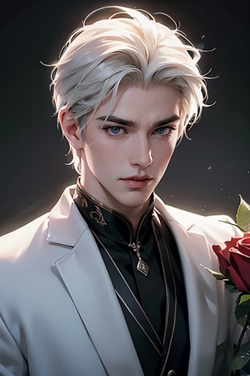 there is a man with white hair and a white suit holding a rose, by Yang J, ig model | artgerm, extremely detailed white haired deity, beautiful androgynous prince, neoartcore and charlie bowater, epic exquisite male character art, approaching perfection, shot with Sony A7 IV for HD image quality, 办公室
