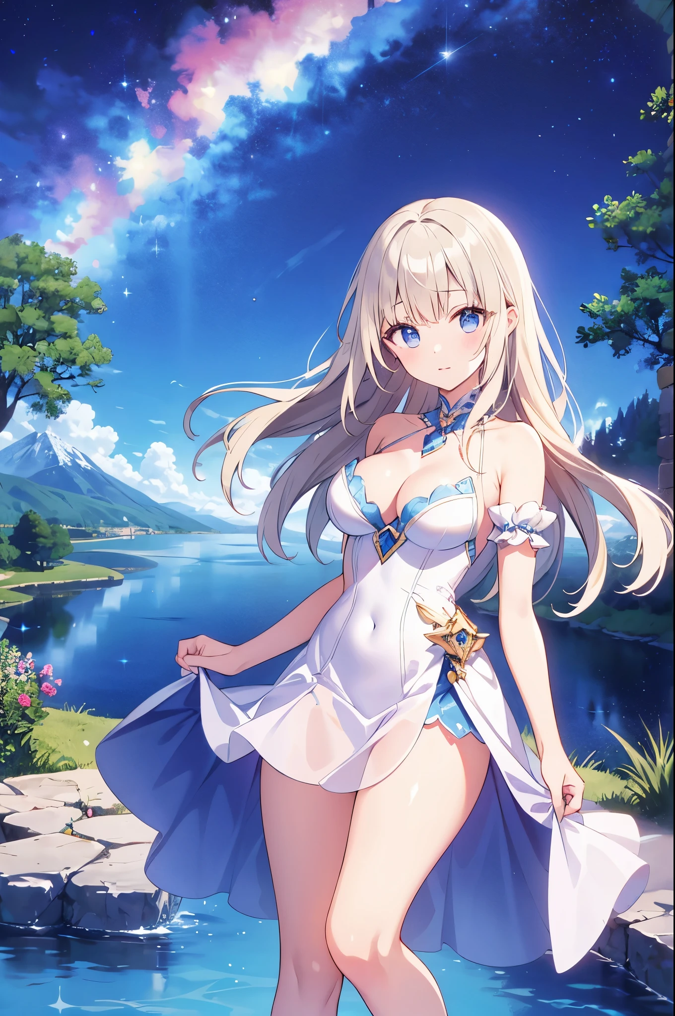 （masterpiece）、(highest quality)、((Super detailed))、(super delicate)、Princess in a naughty dress、platinum blonde、beautiful breasts、Thighs、Gorgeous、lake with mountain view、Fantastic starry sky