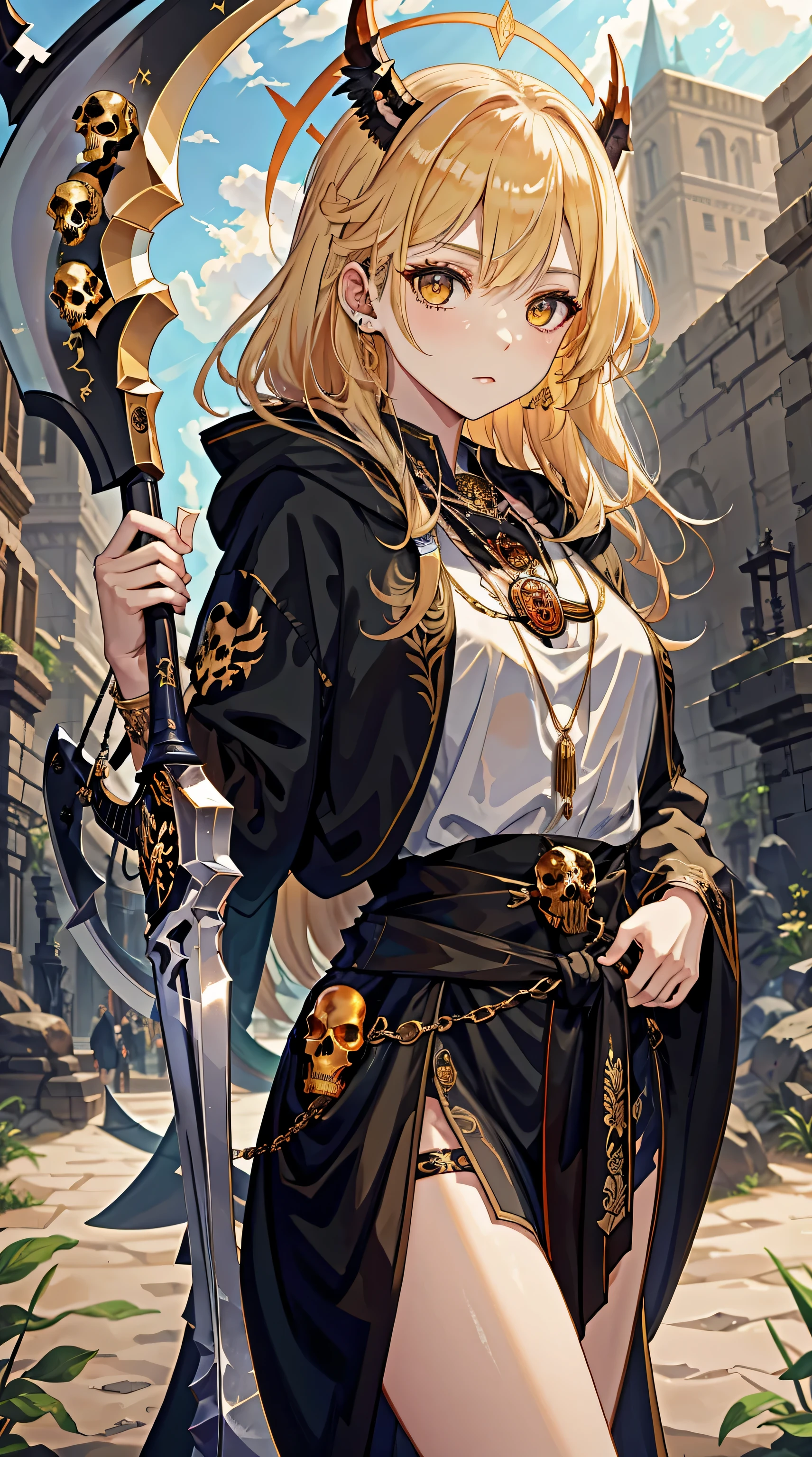 (Masterpiece), (Best quality), 1 girl, (tattoos), (breathingfire:1.5), god rays, gazing, (villain pose), watch audience, A cloak that covers the whole body, (Skull decorated robes), ((((A gold skull pendant hangs from his waist)))), (Warhammer dark age), (holding a death scythe:1.5), a mysterious under world, Transparent gold glowing gold skeleton, Skull boots, Fire, Phoenix