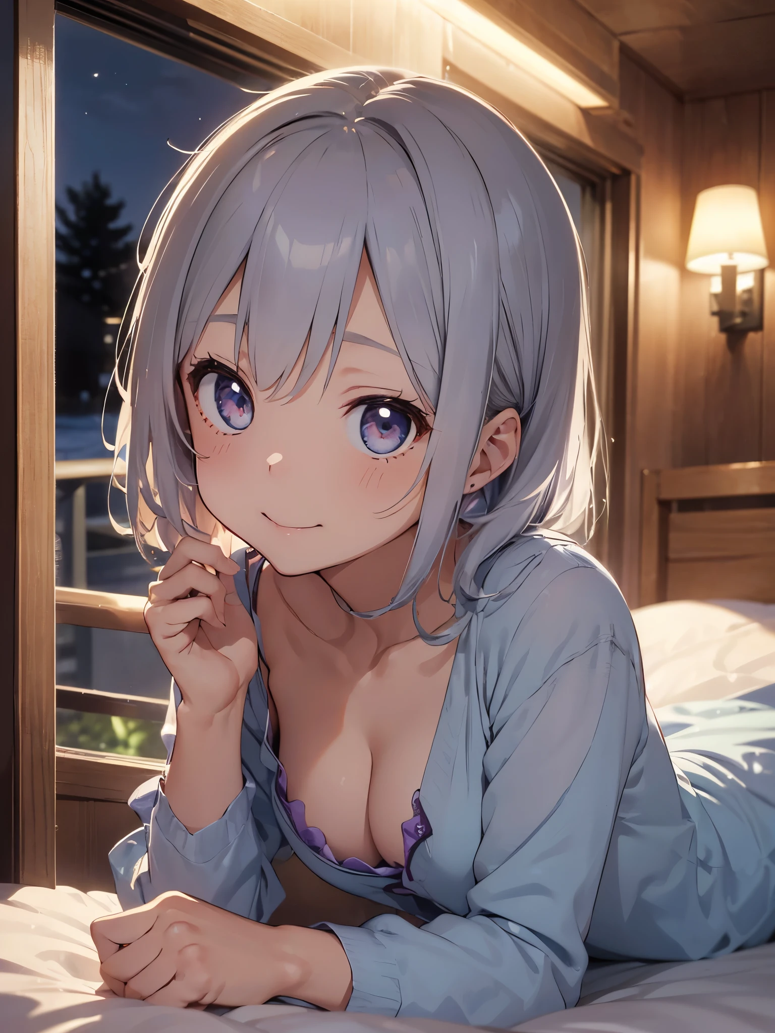 highest quality、masterpiece、High resolution、very detailed、8K、(((one girl)))、cute、bob hair、long sideburns、anime、Transparent white skin、((gray hair))、eyes purple、((Light blue arabesque pattern winter pajamas))、((midnight))、Sleepy look、lie down、lie down、((((cute猫のぬいぐるみを抱く)))),((((bedroom at night))))、clock、Detailed bedroom、Fished out eyes、Inappropriate smile、((clock))、night scene、(((whole body)))、(((())))、Small cleavage、kiss face、
