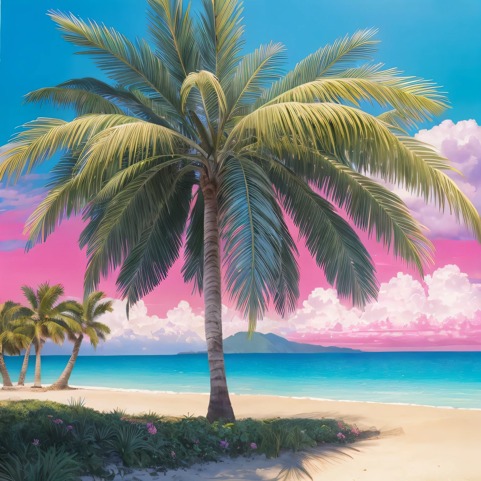 ((Best quality)), ((masterpiece)), (highly detailed:1.3) palm tree on a pink and blue background, tropical trees, tropical palms, palm trees, palm trees on the beach, coconut trees, palm trees in the background, tropical atmosphere,hyperrealistic,hyperrealism,hyperdetailed