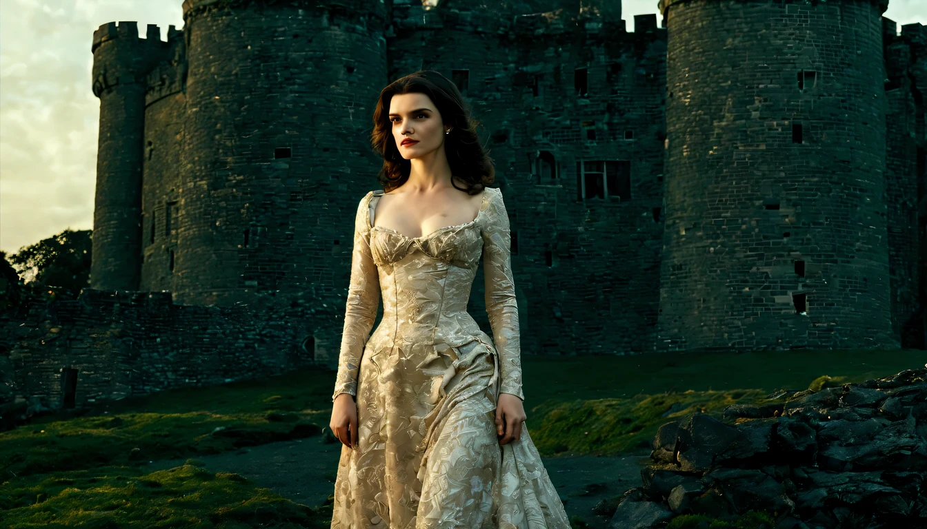 beautiful young lady (Rachel Weisz), (22 anos), vestido longo "008b8b", de corpo inteiro, em um mundo de fantazia castelo nas nuves, em um por do sol com unicornil