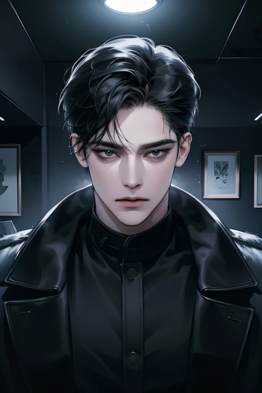 (best quality detailed image beautiful image 8K photorealistic dramatic lighting 1:1) (digital art digital illustration),Office interior， (camera focused on face) (cold colors dim lighting) Art Manhwa 29 year old man very handsome black hair black clothes black eyes (piercing gaze cold expression perfect face perfect lines) walking in a chaotic dystopia 