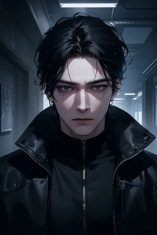 (best quality detailed image beautiful image 8K photorealistic dramatic lighting 1:1) (digital art digital illustration),Office interior, (camera focused on face) (cold colors dim lighting) Art Manhwa 29 year old man very handsome black hair black clothes black eyes (piercing gaze cold expression perfect face perfect lines) walking in a chaotic dystopia