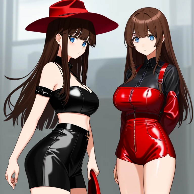 with a girl、beautiful girl、とても可愛くて美しいwith a girl、exterior、narrow eyes、long eyelashes、brown hair、茶色いhair length、hair length、bangs、blue eyes、huge breasts、huge ass、thin waist、red leather bustier、black leather shorts、Red Ten-Gallon Hat、