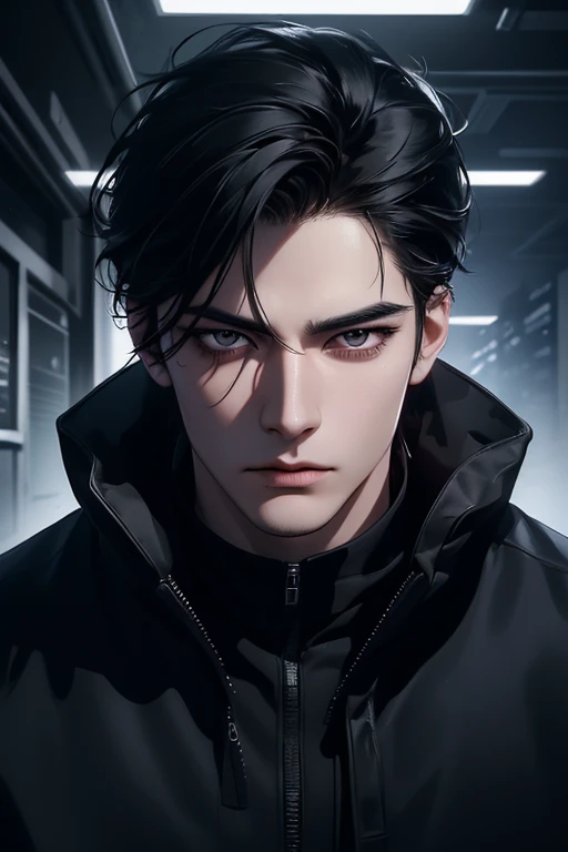 (best quality detailed image beautiful image 8K photorealistic dramatic lighting 1:1) (digital art digital illustration),Office interior, (camera focused on face) (cold colors dim lighting) Art Manhwa 29 year old man very handsome black hair black clothes black eyes (piercing gaze cold expression perfect face perfect lines) walking in a chaotic dystopia