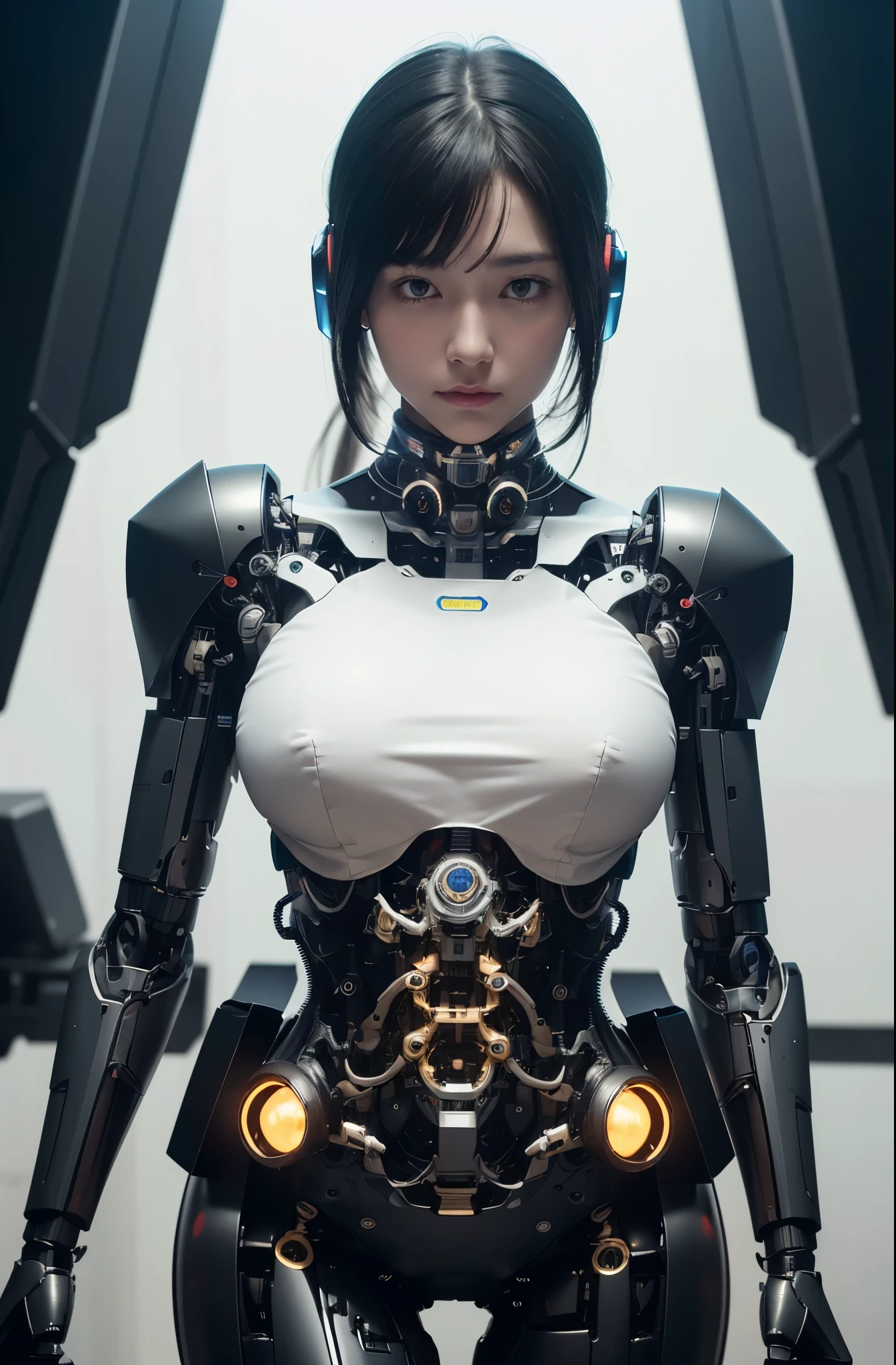 (photorealistic:1.4), (RAW photo)masterpiece, best quality, extremely detailed, (8K, 4K, Best Quality, hight resolution, 超A high resolution:1.1), (masutepiece, Realistic, Photorealsitic:1.1),8k portrait, Japaese android Girl,Plump , dark black leg cover,announcer,control panels,android,Droid,Mechanical Hand, Robot arms and legs, Black Robot Parts,Black hair,Mechanical body,Blunt bangs,perfect mechanical abdomen,White robotics parts,perfect robot woman,future laboratory,cyber pank,charging spot,laboratory,long tube,thick cable connected her neck,ceramic body ,perfect mechanical body, white robot body,lod antenna,mechanical ear cover,android,robot humanoid,black sponge joints,The removable cover is in the groin,The connection port is in the groin,opened chest panel,access panel on the chest,opened breast panel,mechanical breast,perfect machine body,She has repaired,assembly plant,