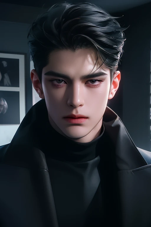(best quality detailed image beautiful image 8K photorealistic dramatic lighting 1:1) (digital art digital illustration),Office interior， (camera focused on face) (cold colors dim lighting) Art Manhwa 29 year old man very handsome black hair black clothes black eyes (piercing gaze cold expression perfect face perfect lines) walking in a chaotic dystopia 