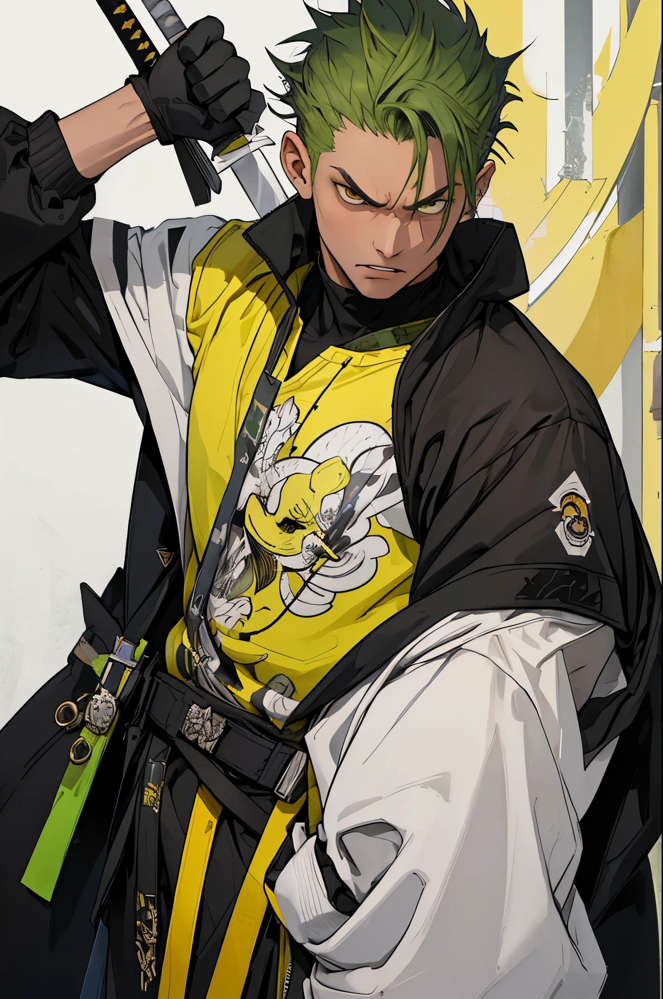 (masterpiece:1.3), (Best quality:1.3), 8K, boy, One, (Unique style of clothing), Unusual clothes, ((Streetwear style)), ((black jacket with yellow inserts)), Katana, (Zoro from that room:0.5), (Wizard of Air), angry face, Full Length, green hair, (short hair), 20 years