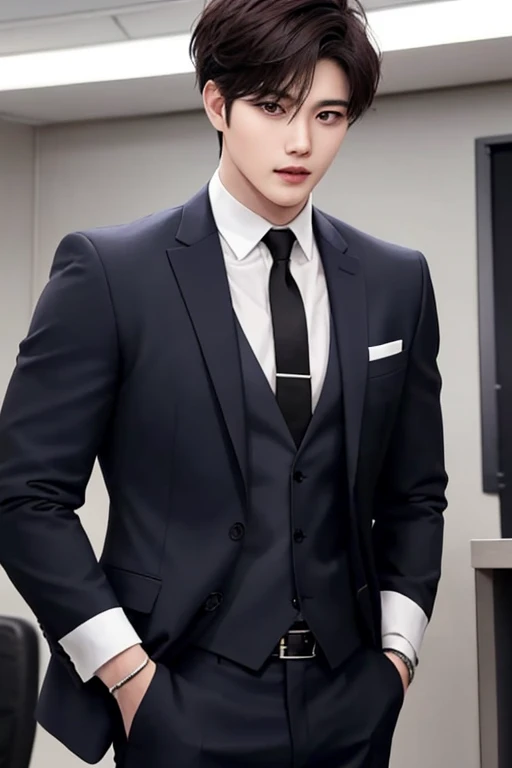 Man, handsome man, Korean Bad Boy, Super detail, Super detail information, Cinema lighting, single, standing, studio, front view audience, comic style, suit and tie, dark hair, messy bangs, emoji hair, model, pose, side view