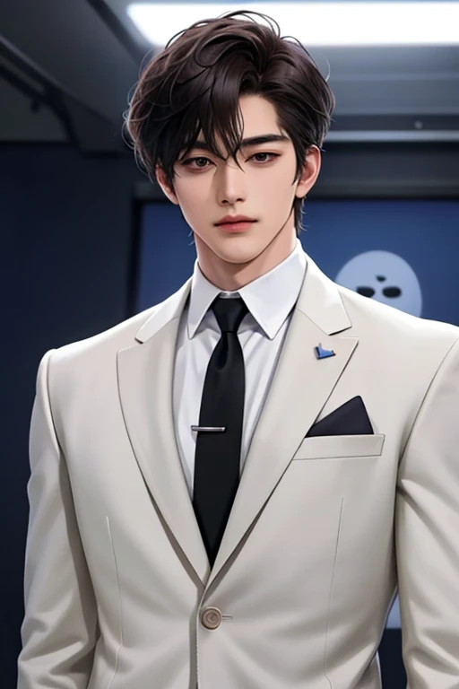 Man, handsome man, Korean Bad Boy, Super detail, Super detail information, Cinema lighting, single, standing, studio, front view audience, comic style, suit and tie, dark hair, messy bangs, emoji hair, model, pose, side view