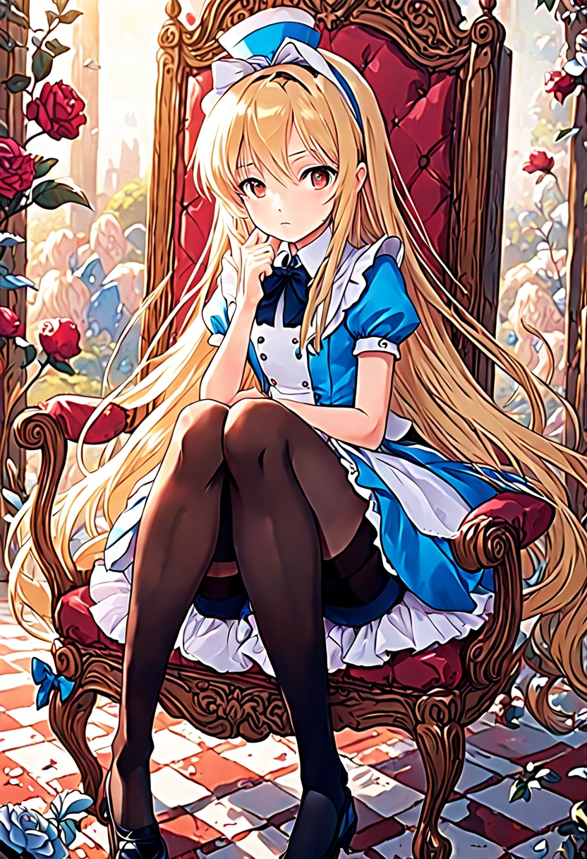 super detailed,(highest quality),((masterpiece)),(High resolution),original,Highly detailed 8K wallpaper,(very delicate and beautiful),
anime,
alice in wonderland,1girl Blonde Straight Hair Serious Stockings Sit Watch ( manga-anime , Gradient by Yumei Victor Ngai),