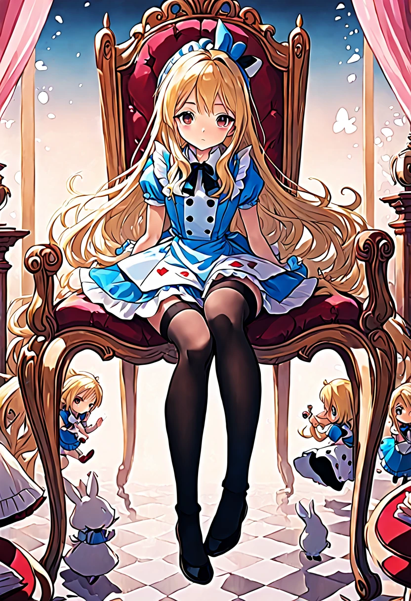 super detailed,(highest quality),((masterpiece)),(High resolution),original,Highly detailed 8K wallpaper,(very delicate and beautiful),
anime,
alice in wonderland,1girl Blonde Straight Hair Serious Stockings Sit Watch ( manga-anime , Gradient by Yumei Victor Ngai),