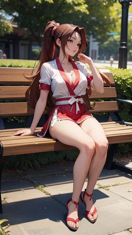 Mai Shiranui, sitting on bench, park, full body, big ,