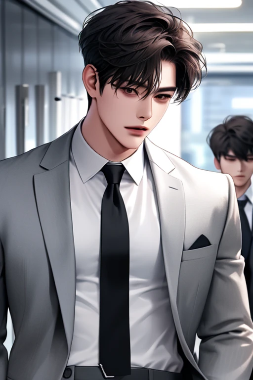 Man, handsome man, Korean Bad Boy, Super detail, Super detail information, Cinema lighting, single, standing, studio, front view audience, comic style, suit and tie, dark hair, messy bangs, emoji hair, model, pose, side view