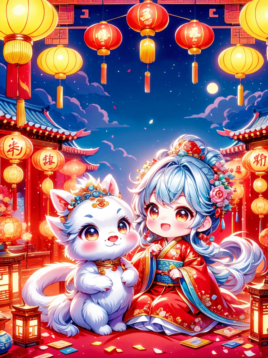 Continuing the charming and vibrant style of ancient Chinese folklore，depicts a young、 princess about two yescene features an extremely cute toddler princess，The is also a furry one next to it、Fabulous Chinese dragon。Chinese New Year celebrations in the background，full of fireworks、Traditional festival elements such as firecrackers and red Spring Festival couplets。The atmosphere should be joyful and magical，The focus is on the colorful、During the lively Spring Festival celebrations，An adorable interaction between a young princess and her mythical companion。The image should incorporate Chinese cultural elements，and adds a layer of cuteness，Emphasize the young and lovely nature of the princess。