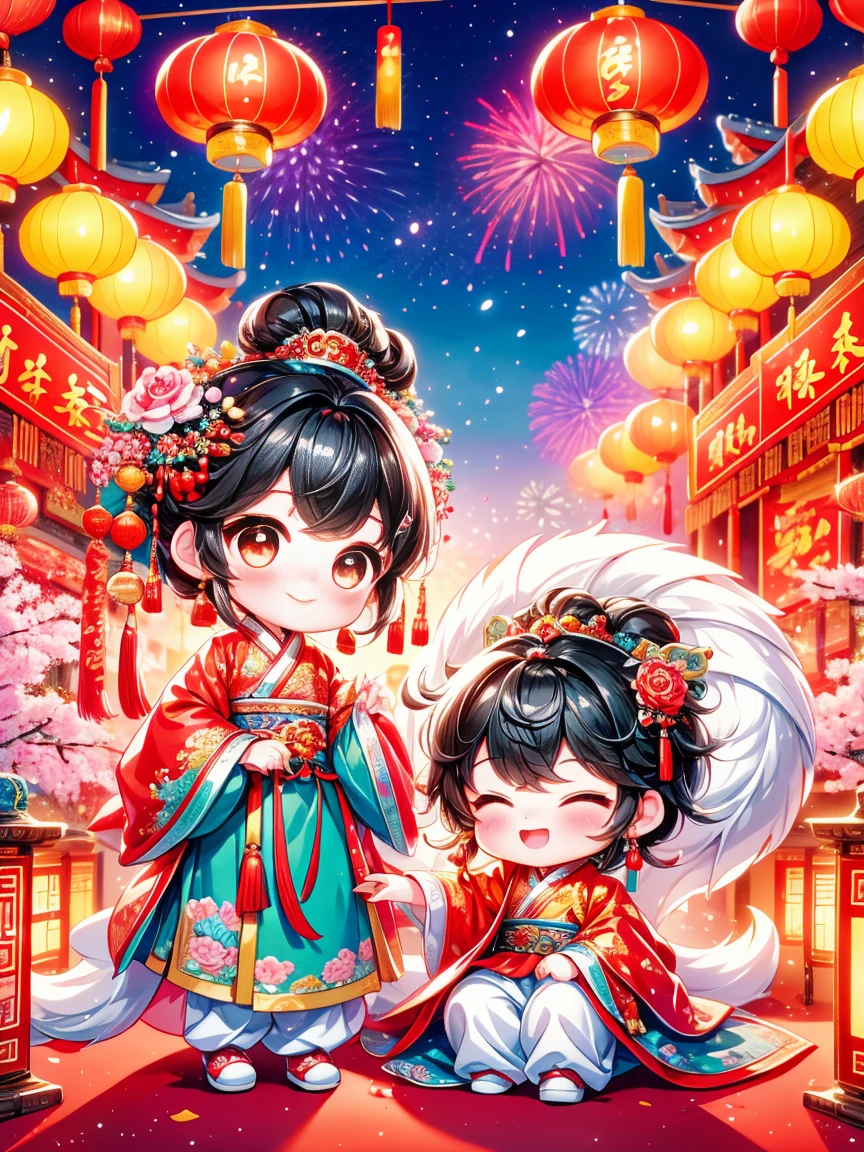 Continuing the charming and vibrant style of ancient Chinese folklore，depicts a young、 princess about two yescene features an extremely cute toddler princess，The is also a furry one next to it、Fabulous Chinese dragon。Chinese New Year celebrations in the background，full of fireworks、Traditional festival elements such as firecrackers and red Spring Festival couplets。The atmosphere should be joyful and magical，The focus is on the colorful、During the lively Spring Festival celebrations，An adorable interaction between a young princess and her mythical companion。The image should incorporate Chinese cultural elements，and adds a layer of cuteness，Emphasize the young and lovely nature of the princess。