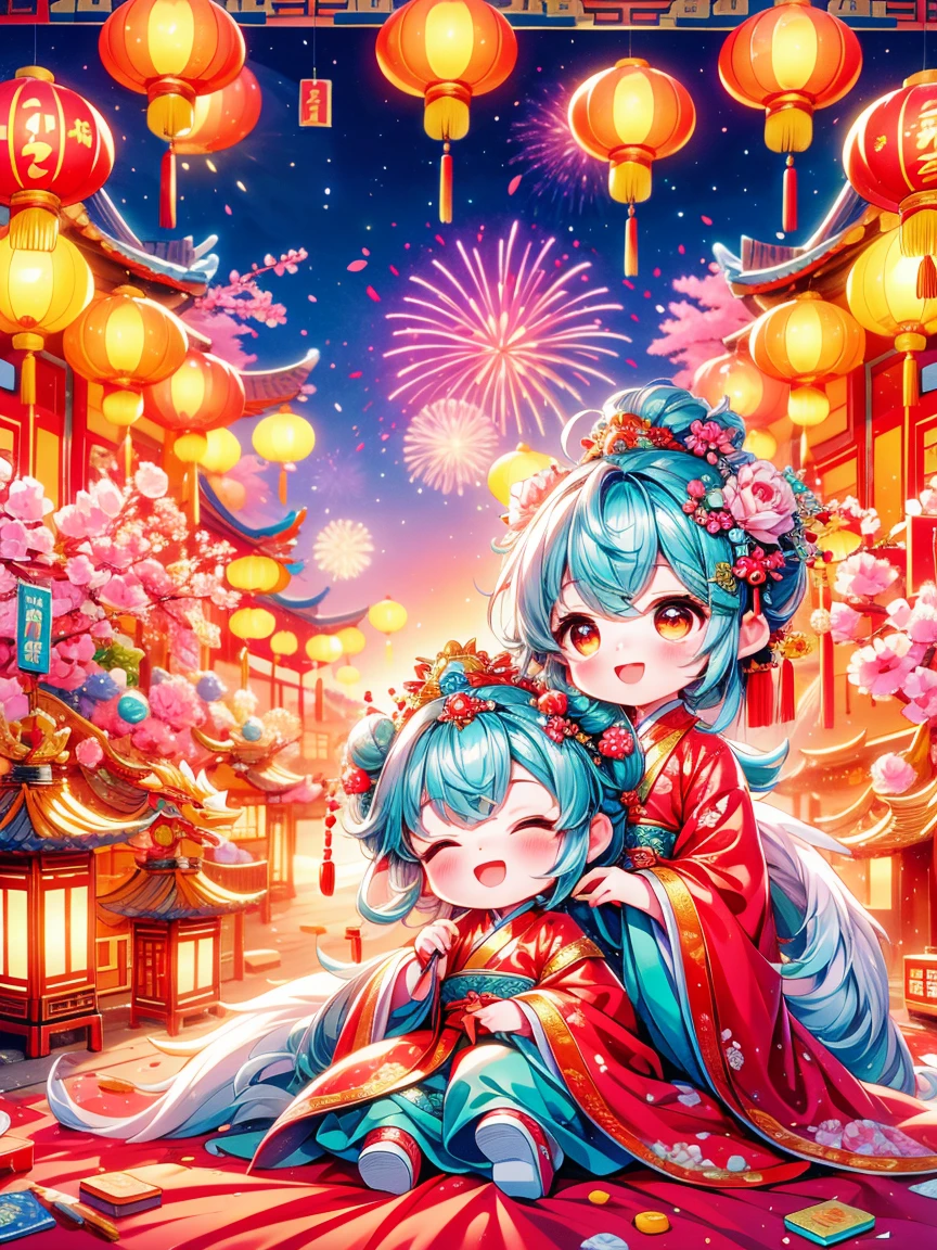 Continuing the charming and vibrant style of ancient Chinese folklore，depicts a young、little princess about two years old。This scene features an extremely cute toddler princess，There is also a furry one next to it、Fabulous Chinese dragon。Chinese New Year celebrations in the background，full of fireworks、Traditional festival elements such as firecrackers and red Spring Festival couplets。The atmosphere should be joyful and magical，The focus is on the colorful、During the lively Spring Festival celebrations，An adorable interaction between a young princess and her mythical companion。The image should incorporate Chinese cultural elements，and adds a layer of cuteness，Emphasize the young and lovely nature of the princess。