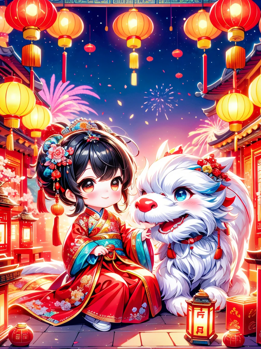 Continuing the charming and vibrant style of ancient Chinese folklore，depicts a young、little princess about two years old。This scene features an extremely cute toddler princess，There is also a furry one next to it、Fabulous Chinese dragon。Chinese New Year celebrations in the background，full of fireworks、Traditional festival elements such as firecrackers and red Spring Festival couplets。The atmosphere should be joyful and magical，The focus is on the colorful、During the lively Spring Festival celebrations，An adorable interaction between a young princess and her mythical companion。The image should incorporate Chinese cultural elements，and adds a layer of cuteness，Emphasize the young and lovely nature of the princess。