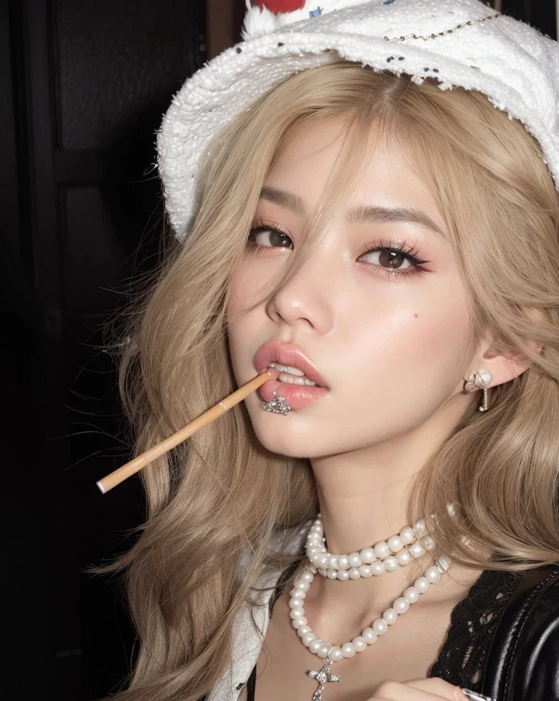 araffe girl with a cigarro in her mouth and a hat on, maquiagem sul-coreana popular, portrait of jossi do blackpink, jennie de blackpink, maquiagem coreana popular, jossi do blackpink, Ulzzang, cigarro, coreana, inspirado em Yanjun Cheng, ava max, Heonhwa Choe, com charuto, full and pink lips, jennie blackpink, blackpink jennie