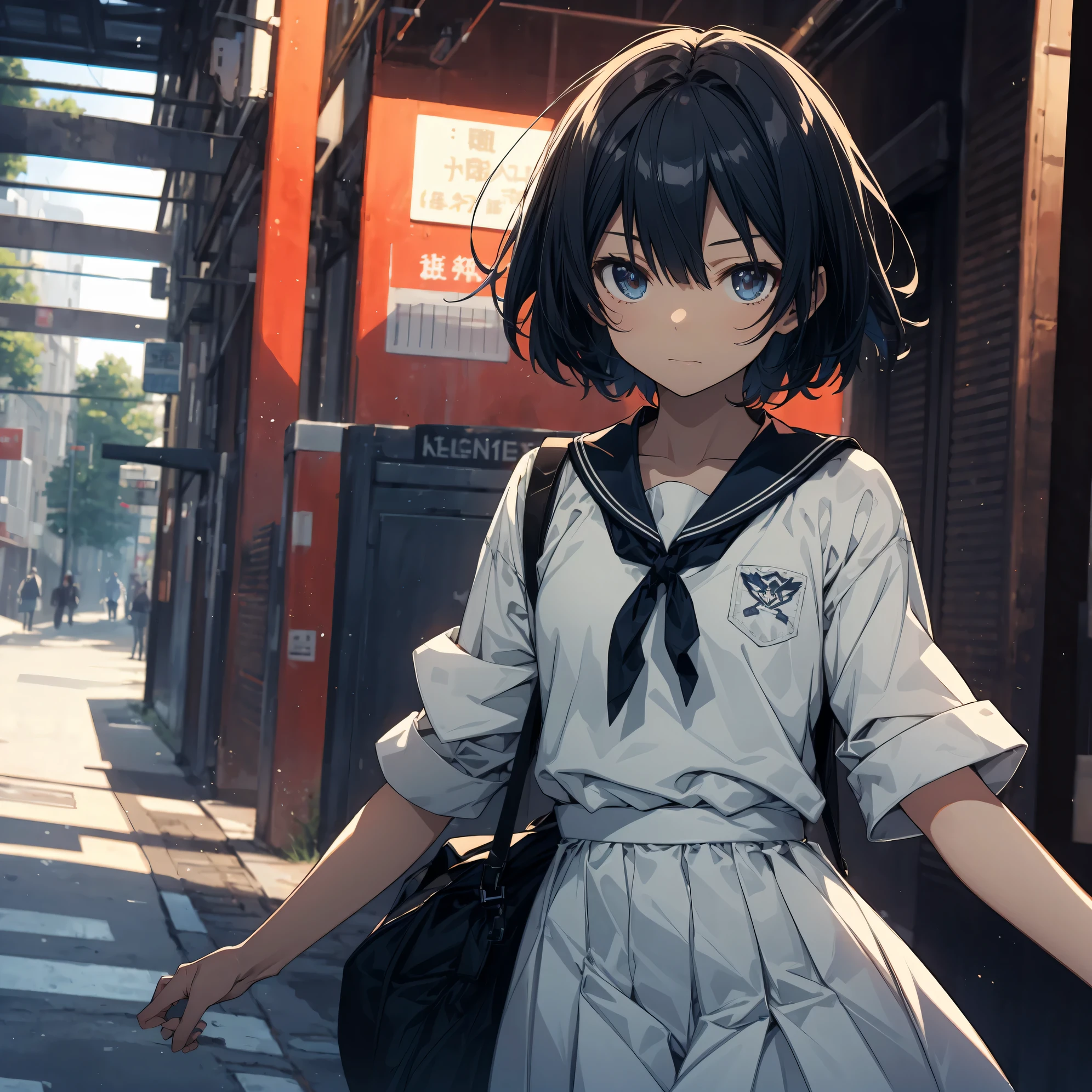 Super high quality by the art god, super detailed, High resolution,Shinkai Makoto style, anime moe art style, best anime 8K konachan wallpaper, pixiv contest winner, perfect anatomy, break,(眠そうにalone学校へ行く女の子を描いてください. ),break, surreal high school girl, (alone,lolita, , :1.3),All limbs, full finger,, androgynous charm, (very short hair), messy hair, flat chest, small ass, between legs, Small black eyes,beautiful and fine eyes, Well-proportioned iris and pupils, disgusted eyes, High resolutionの詳細な髪, wearing school uniform, (skirt), On the way to school. break,super dense skin, Best lighting by famous artists, 8K, figure,