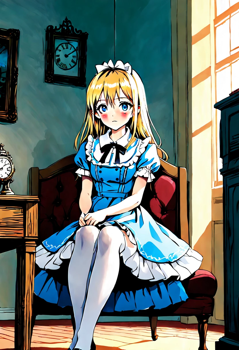 super detailed,(highest quality),((masterpiece)),(High resolution),original,Highly detailed 8K wallpaper,(very delicate and beautiful),
anime,
alice in wonderland,1girl Blonde Straight Hair Serious Stockings Sit Watch ( manga-anime , Gradient by Yumei Victor Ngai),