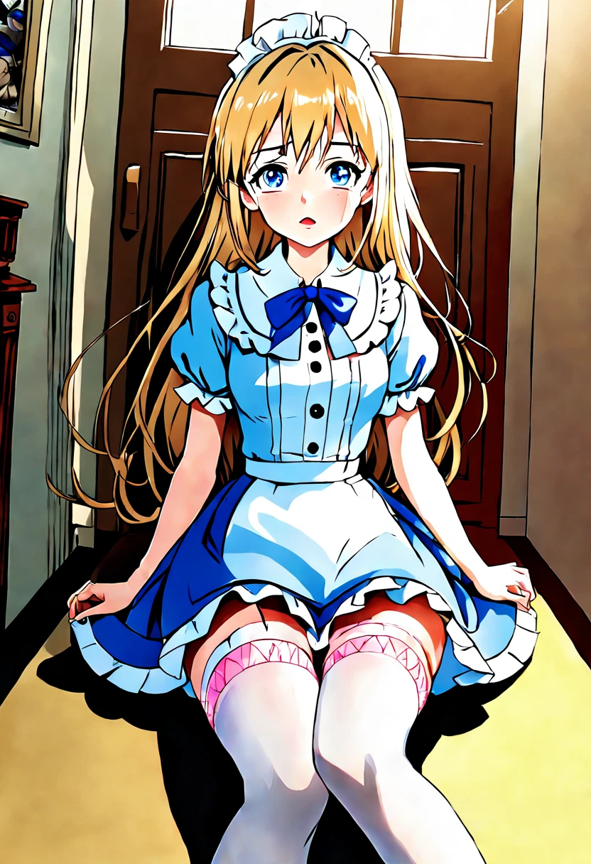 super detailed,(highest quality),((masterpiece)),(High resolution),original,Highly detailed 8K wallpaper,(very delicate and beautiful),
anime,
alice in wonderland,1girl Blonde Straight Hair Serious Stockings Sit Watch ( manga-anime , Gradient by Yumei Victor Ngai),
