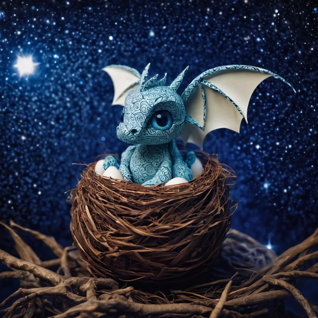 Baby dragon raises its small head from the egg, on a nest, starry sky, zentangle, origami, cinematic, emotional, epic,....by my self...lol