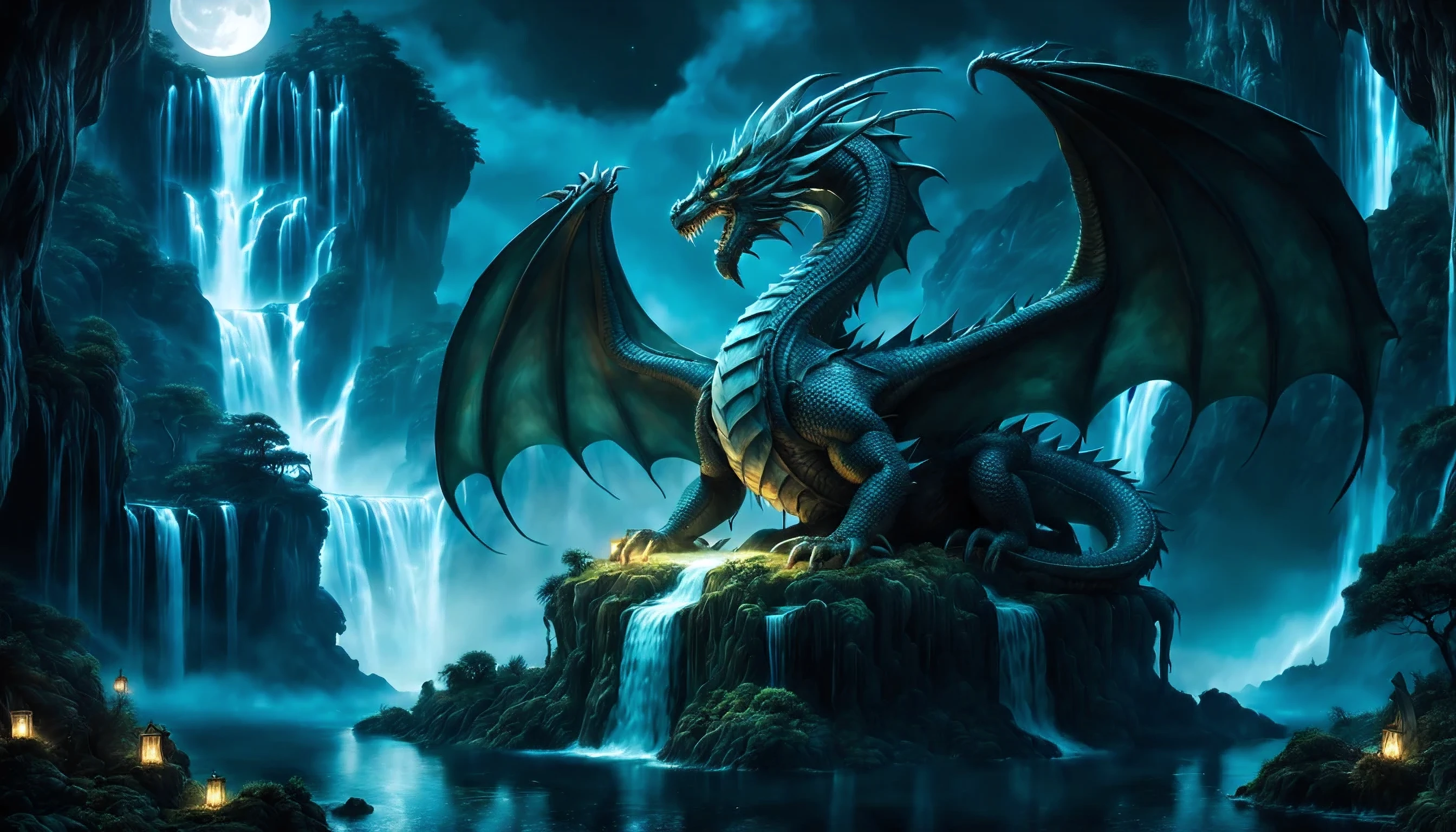 Fantasy Landscape with a Majestic Dragon, its scales shimmering under the ethereal moonlight, perched atop a mystical floating island surrounded by cascading waterfalls. Rendered in a Cinematic style inspired by the fantasy works of artists like H.R. Giger and Chris Rahn, emphasizing dramatic lighting and detailed textures.