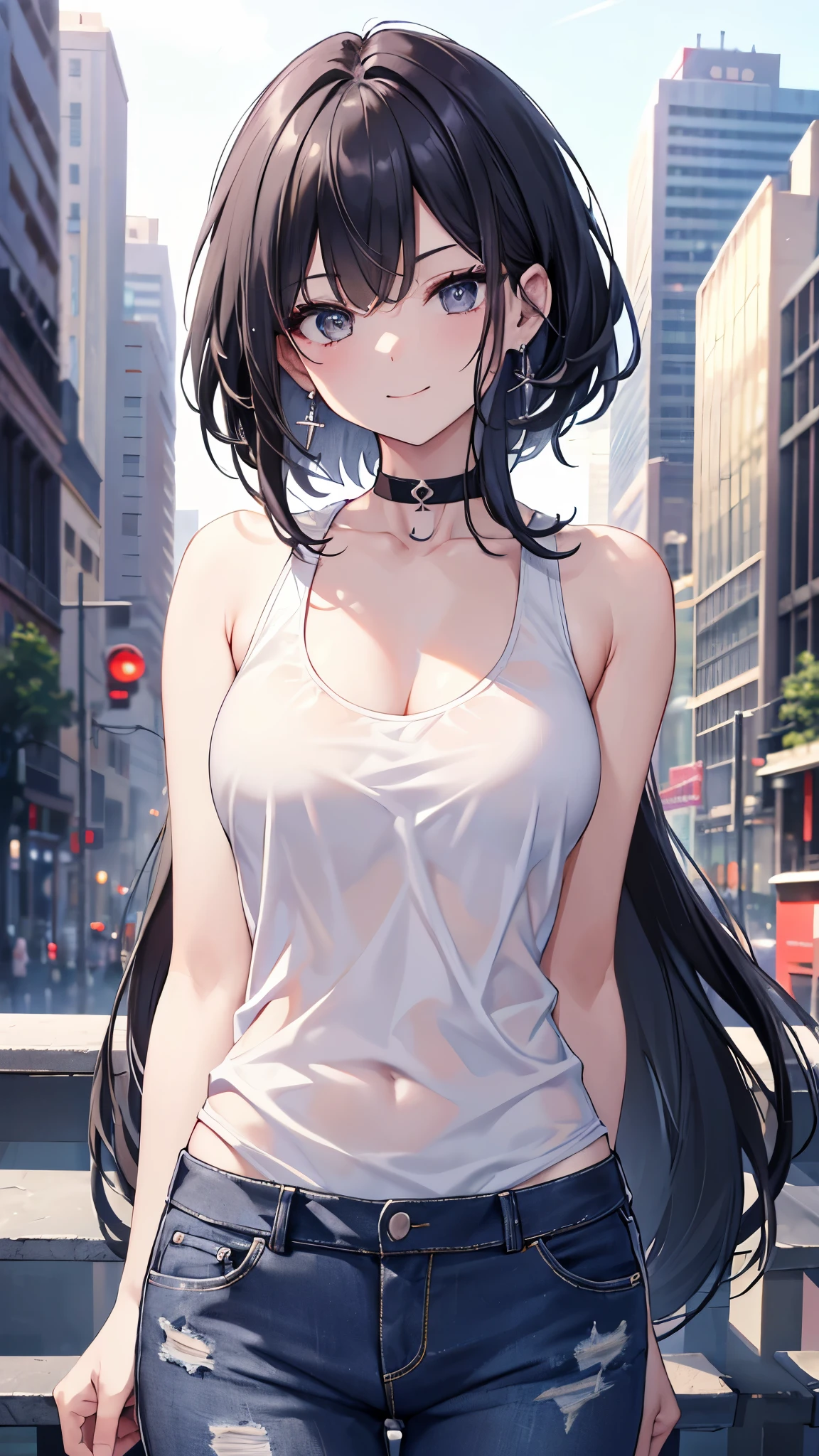 (8K、Highest image quality、highest quality、masterpiece)、detailed face、1 girl、black hair、shortcut、((long neckline))、gray eyes、evil smile、earrings、Moderate chest、white tank top、denim long trousers、cowboy shot、city background