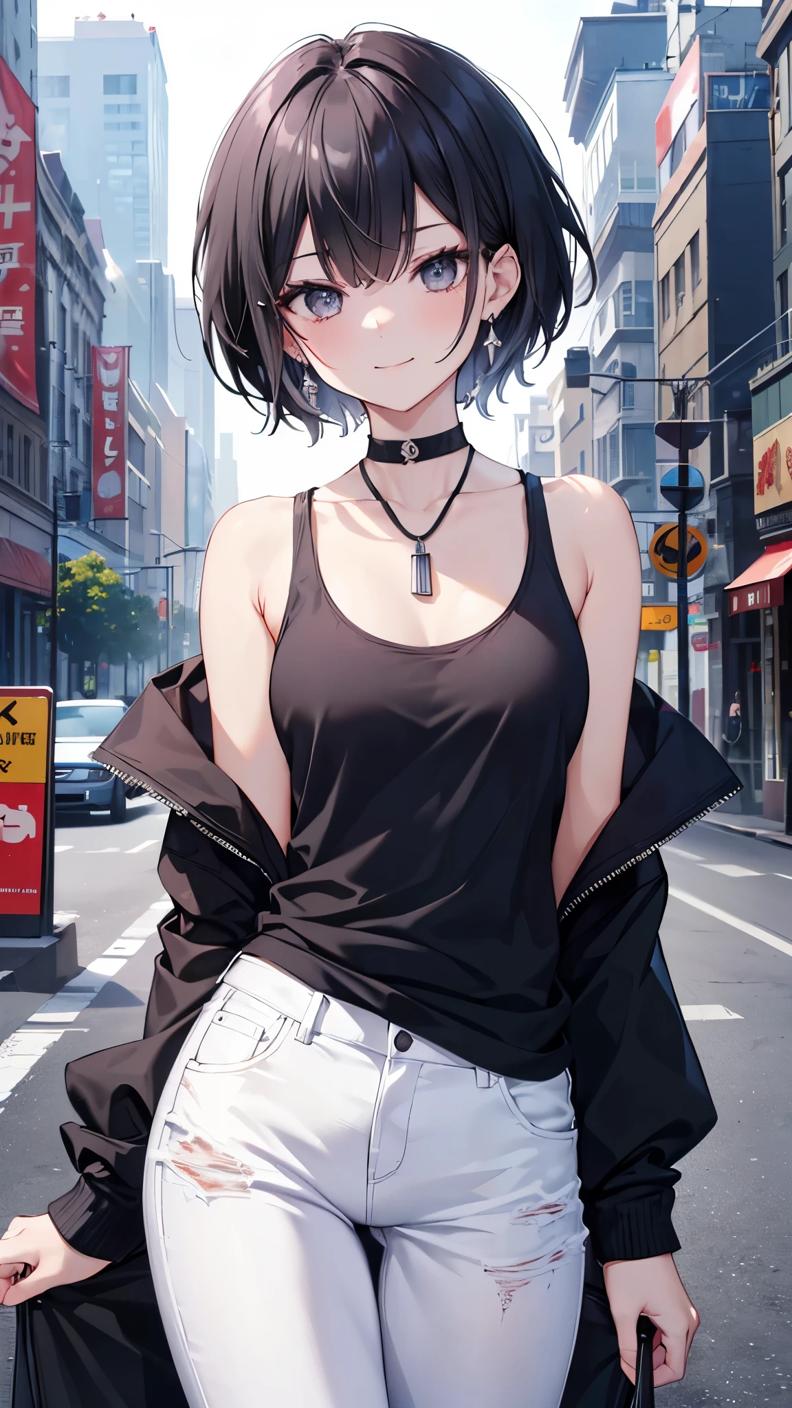 1 single girl, purple messy bob hair style, Pale skin, green eyes, small medium breasts, attractive, outfit: open black jacket, white top, pants negros