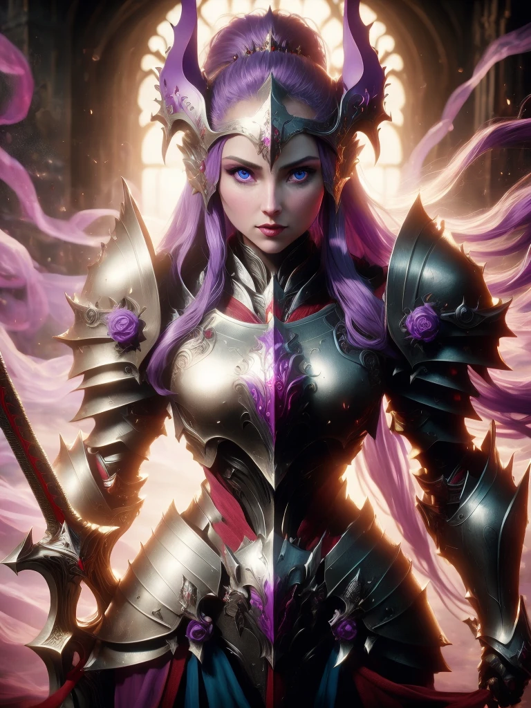 a beautiful female general，Princess Crown，Purple hair and blue eyes，Crusader Knight Armor，Lord of the Rings movie concept，stills from movies，Hold a knight's sword，Fantasy middle-earth armor，mighty，fear，blood，blood，crazy surrealism，A fantasy world，Lord of the Rings illustration，game poster，Award-winning masterpiece，Super detailed，perfect artistic creativity，dream，ultra HD16k