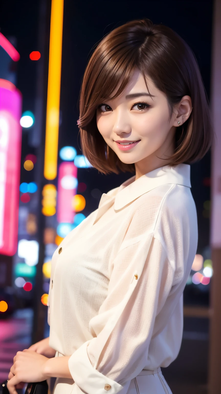 japanese idol　mature woman　A happy smile　brown hair　short hair　33 years old　white blouse　neon city at night