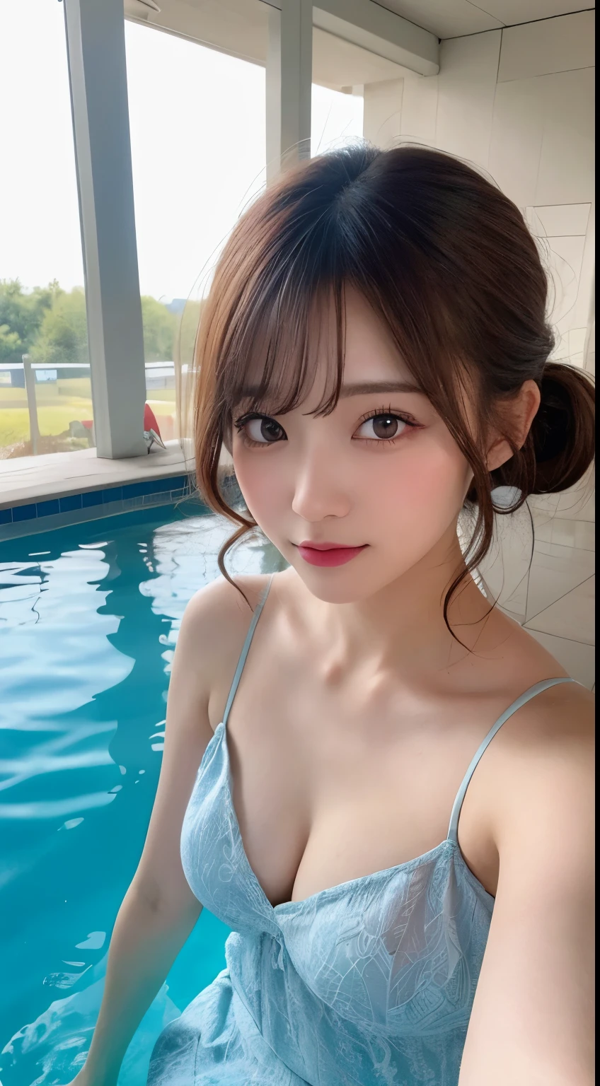 whole body, highest quality, figure, super detailed, finely, High resolution, 8k wallpaper, 完璧なダイナミックな構figure, beautiful and fine eyes,She's a Gal,,Random hair color, random cute hairstyles, beautiful breasts, natural color lip,pool, random cute poses,heavy makeup