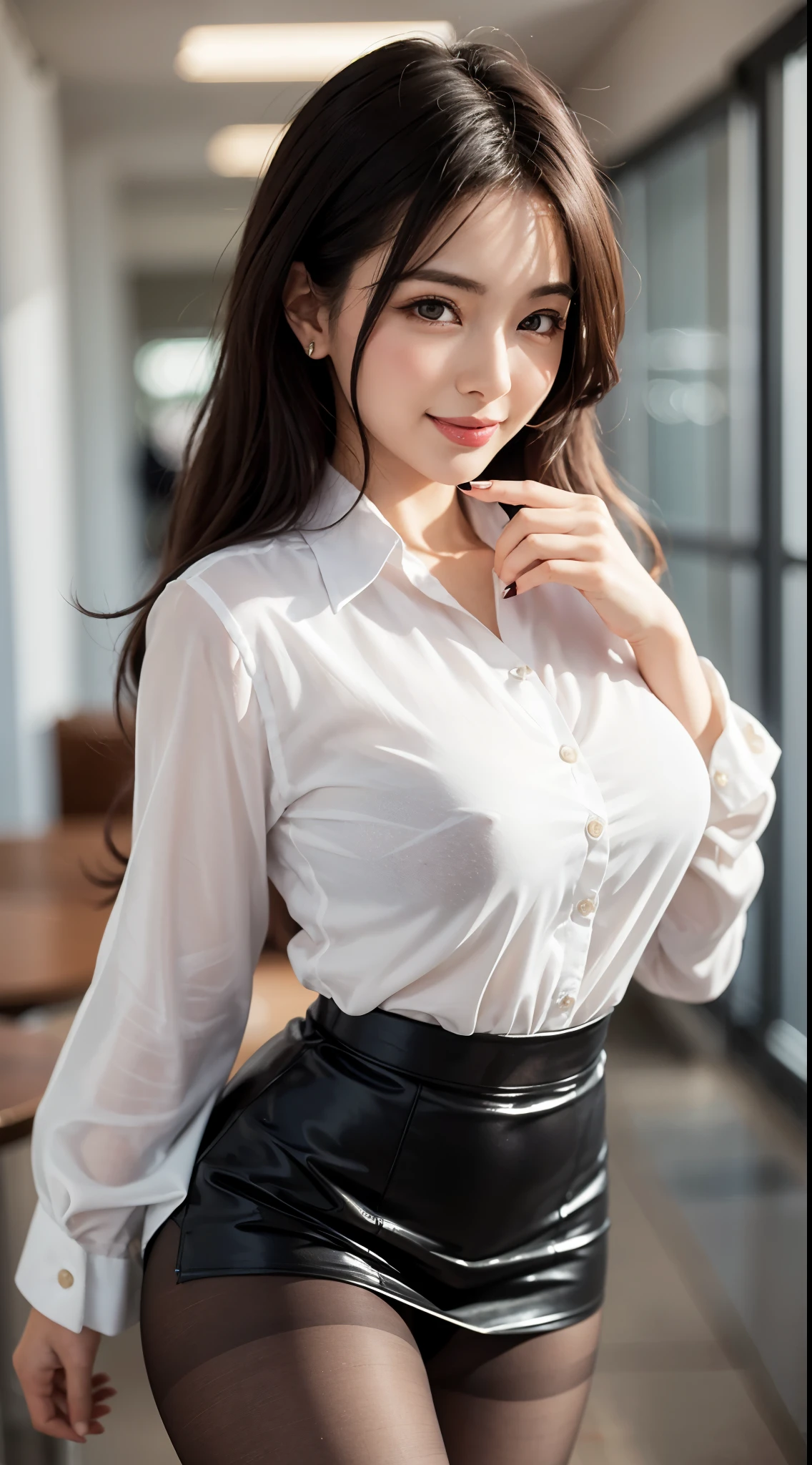 Ulchan-6500-v1.1, (RAW photo:1.2), (Photoreal), beautiful detailed girl, (genuine: 1.4), Bewitching beautiful mature elite secretary in luxurious silk blouse、40 years、height　154cm、well-proportioned body shape、hourglass figure、skirt and thighs、while walking down the hallway、Business service, (wearing pantyhose,realistic pantyhose)、work in the office、Wearing a satin blouse, ultra-thin fabric、smooth、See-through fabric、girl wearing luxury high heels, Wearing an elegant blouse, Wearing an ultra-thin blouse, business woman, Blouses and skirts, Wearing a silk blouse, wear a shirt and skirt, japanese goddess、huge file size, High resolution, very detailed, highest quality, [masterpiece:1.6], enlightenment, very detailed, nffsw, finely, highest quality, 8k wallpaper, movie lighting, perfect body shape, cute droopy eyes beautiful big eyes、Pieck finger, ((table top)), highest quality, eye shadow, ((full body shot:1.4))、(very affectionate smile:1.2)、realistic skin texture、shiny skin、exposed thighs!!!, AsianEyesEra,