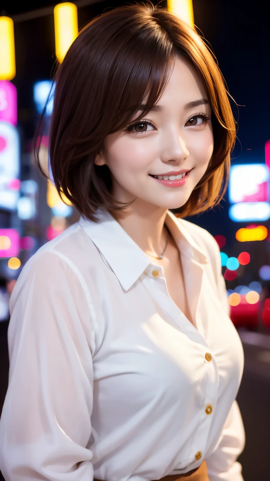 japanese idol　mature woman　A happy smile　brown hair　short hair　33 years old　white blouse　neon city at night