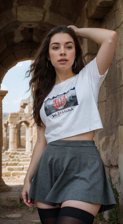 (()), Beautiful girl, body models, freckles on the face, world_green_eyes, , big earrings, T-shirt, skirt with black tights, Fabric shoes, whole body, shot from below, Very white skin , very long hair, Wavy hair, worldлые волосы, Ancient ruins, photorealistic, indirect worlding, volumetric world, ray tracing, Super detailed, Best quality, ultra high resolution, HDR, 8K
