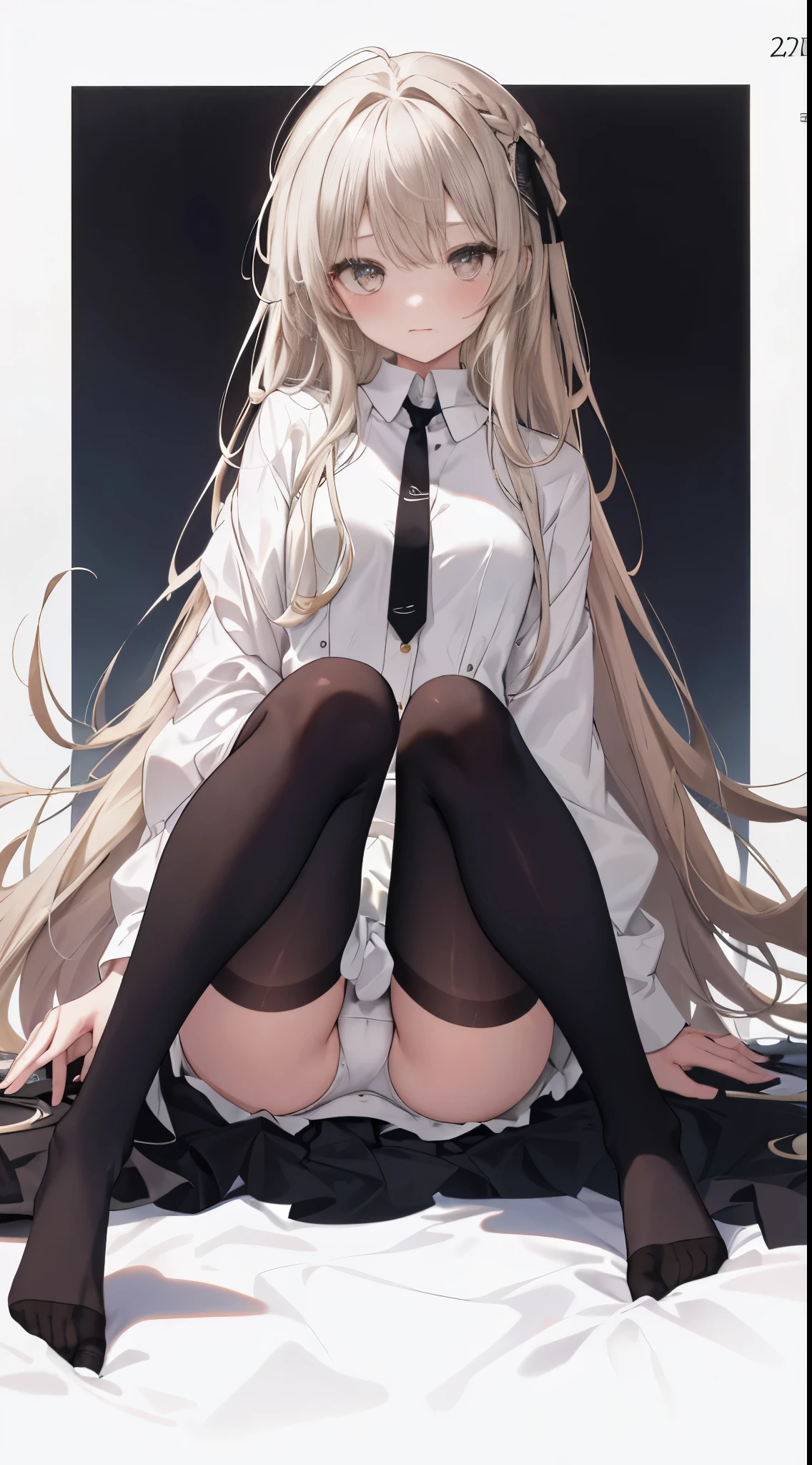finest, masterpiece, High resolution, (Full body view from head to toe), front, frontやや下からの構図, Symmetrical, 18 year old girl, alone, (whole body from head to toe), small breasts, brown hair, slightly messy hair, long hair, bangs, (black tights), ( (black pantyhose), black pantyhose, (squating pose), (spread legs), (Her legs are spread and her white panties are visible between her legs.), composition show me your white panties, slender beautiful legs, とても美しい18 year old girl, (not wearing shoes), blush, shy big eyes, messy hair, looking at camera, show me your white panties, Hide your arms behind your back, Pure white underwear