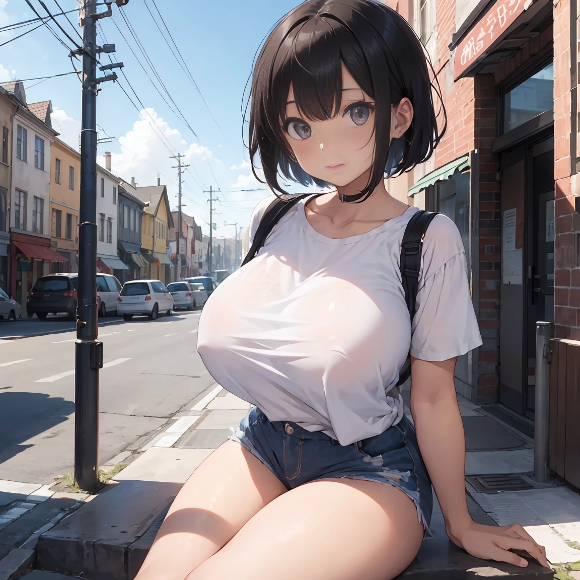 girl, In town, stage, short hair, big breasts, thighs, shorts, perfect anatomy, shape, algorithm trends, sit
