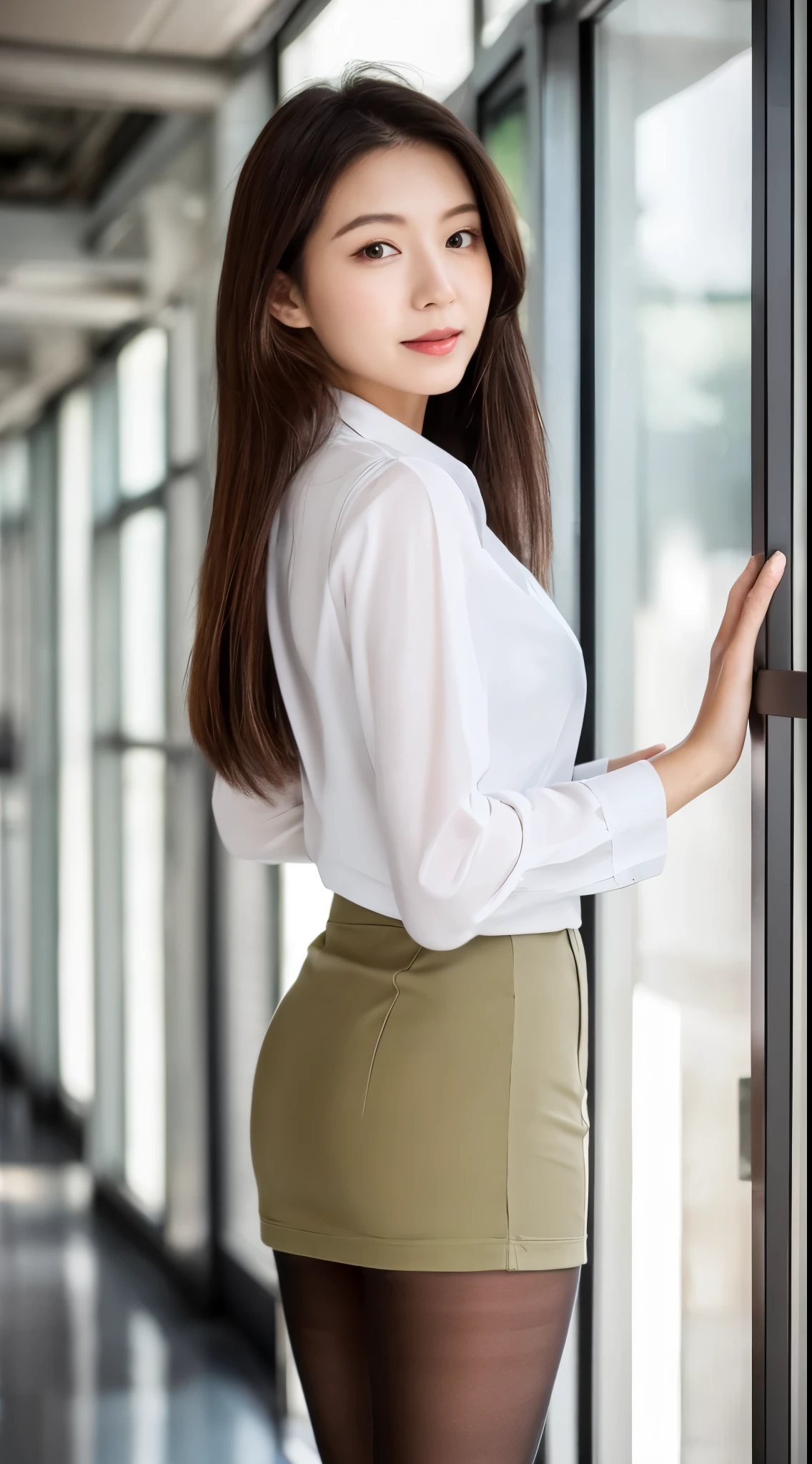 Bewitching beautiful mature elite secretary in luxurious silk blouse、40 years、height 154cm、well-proportioned body shape、hourglass figure、skirt and thighs、while walking down the hallway、Business service, (wearing pantyhose,realistic pantyhose)、work in the office、Wearing a satin blouse, ultra-thin fabric、smooth、See-through fabric、girl wearing luxury high heels, Wearing an elegant blouse, Wearing an ultra-thin blouse, business woman, Blouses and skirts, Wearing a silk blouse, wear a shirt and skirt, japanese goddess、RAW photo, (8K、highest quality、masterpiece:1.2)、(intricate details:1.4)、(Photoreal:1.4)、octane rendering、Ultra-detailed complex 3D renderings, soft light in the studio, rim light, vivid details, super detail, realistic skin texture, details face, beautiful detailed eyes, Highly detailed CG Unity 16k wallpaper, compensate, (detailed background:1.2), shiny skin、looked back、exposed thighs!!!, AsianEyesEra,