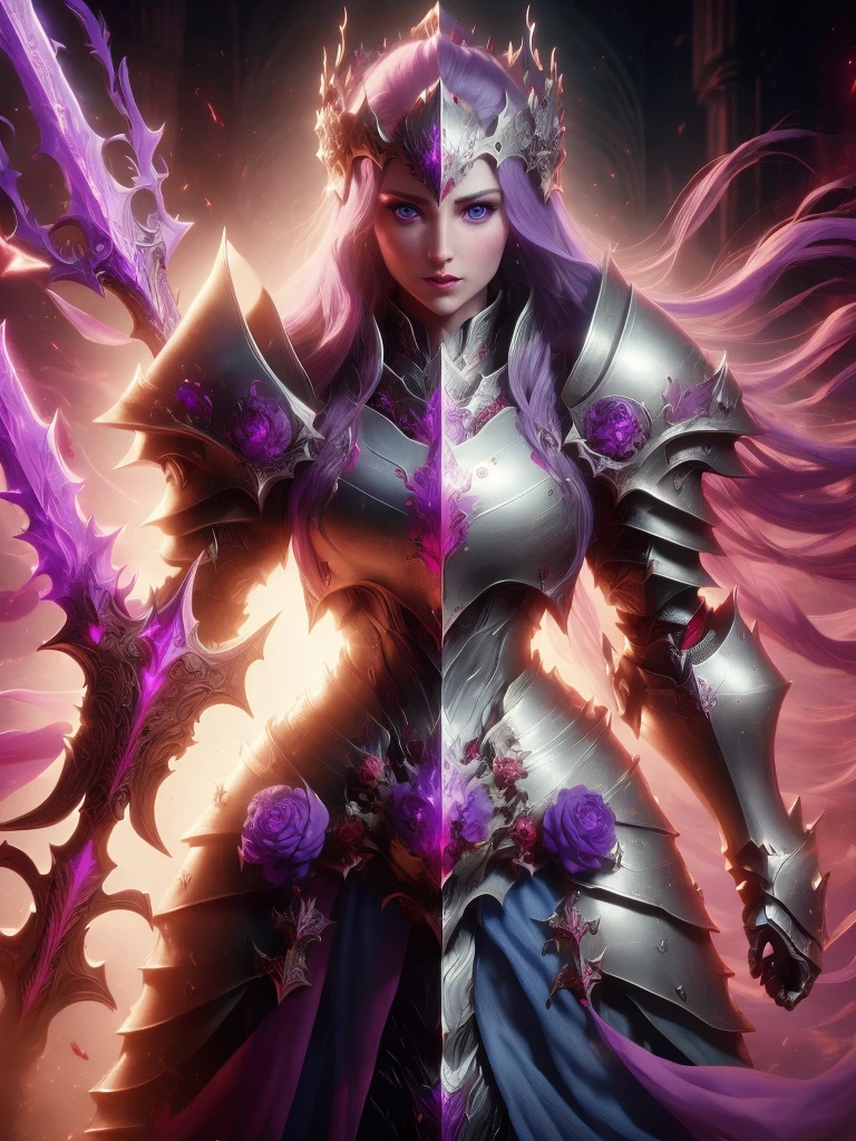 a beautiful female general，Princess Crown，Purple hair and blue eyes，Crusader Knight Armor，Lord of the Rings movie concept，Still images in，Hold a knight's sword，Fantasy middle-earth armor，mighty，fear，blood，blood，crazy surrealism，A fantasy world，Lord of the Rings illustration，game poster，Award-winning masterpiece，Super detailed，perfect artistic creativity，dream，ultra HD16k
