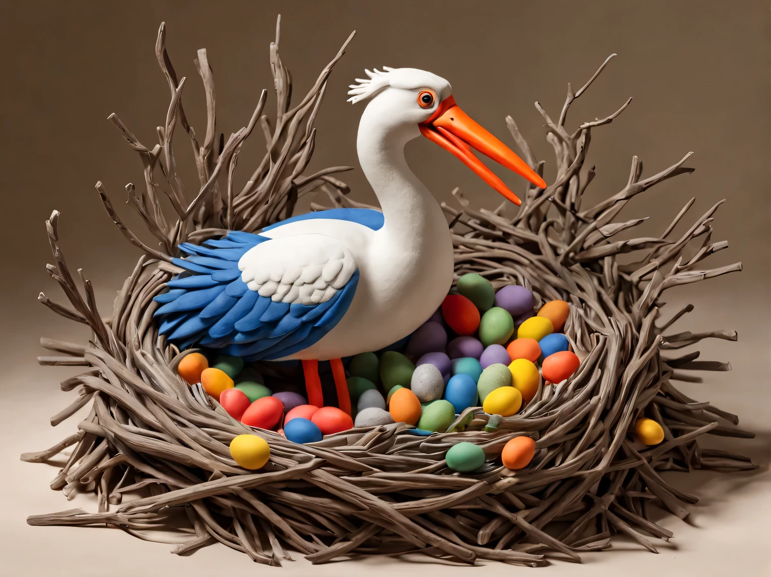 The art of modeling from colored plasticine., composition depicting a plasticine nest with plasticine eggs and a plasticine stork, standing in the nest, large nest made of plasticine branches, skillful work of a master sculpting from colored plasticine, exhibited at the International Museum of Plasticine Sculptures, high detail, photorealistic