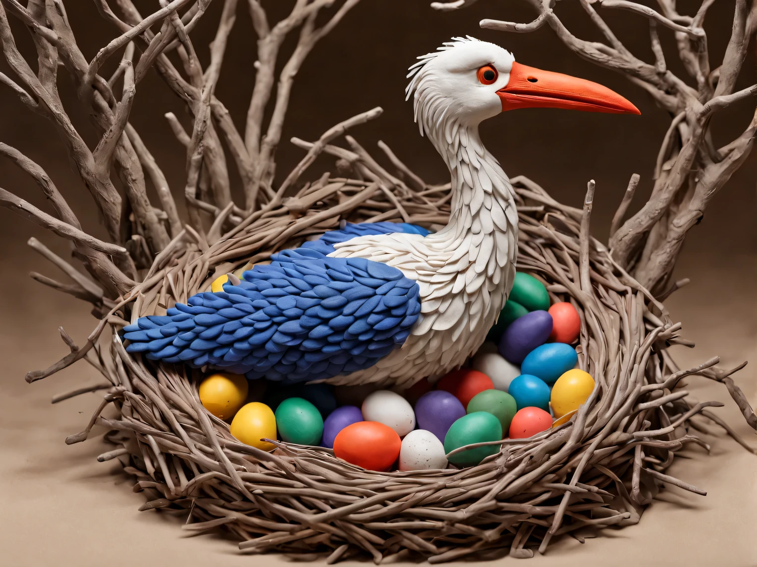 The art of modeling from colored plasticine., composition depicting a plasticine nest with plasticine eggs and a plasticine stork, standing in the nest, large nest made of plasticine branches, skillful work of a master sculpting from colored plasticine, exhibited at the International Museum of Plasticine Sculptures, high detail, photorealistic